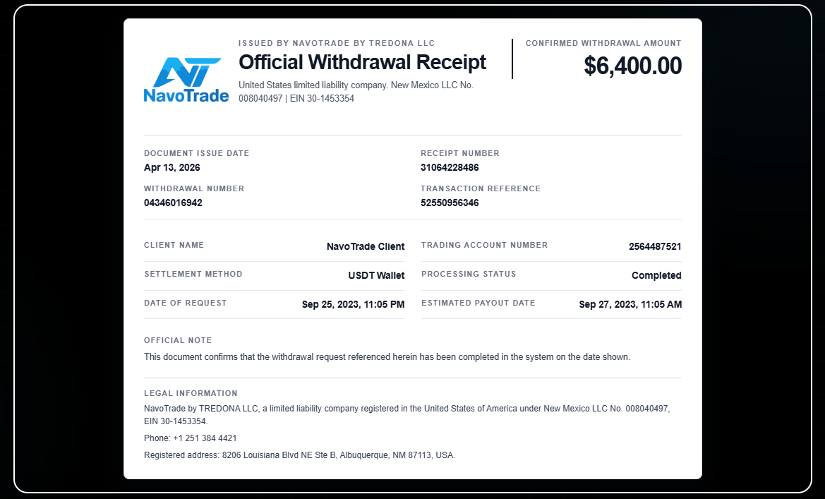 Certificat de retrait NavoTrade affichant les détails documentés du versement